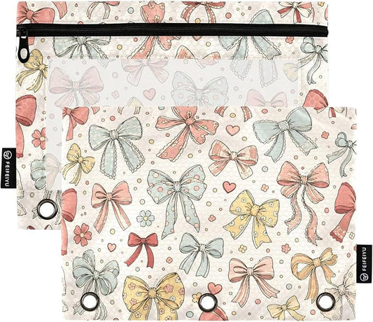 ALAZA Pencil Pouch for 3 Ring Binder, Polka Dot Lace Bows Binder Pencil Pouches with Clear Window Zipper Pencil Case Cosmetic Bags for Office College Supplies, 2PCS