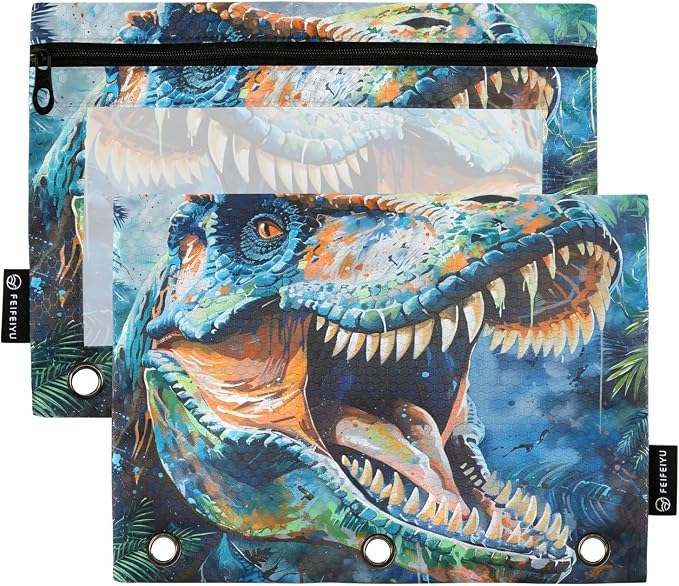 Blue Tyrannosaurus Rex Dinosaur Pencil Pouch for 3 Ring Binder 2 Pack Zipper Binder Pencil Bag with Clear Window Pencil Case for Office Supplies