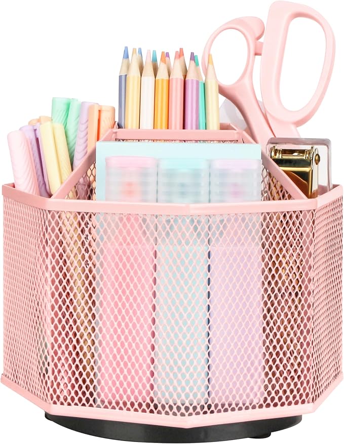 Exerz Desk Organizer 360 Rotating Pen Holder Storage Caddy Light Pink | Smooth Spinning Base with Open Mesh Sections Easy Access to Pens Brushes Scissors Daily Desk Tools