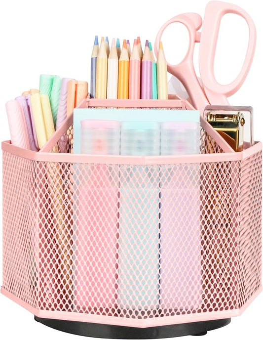 Exerz Desk Organizer 360 Rotating Pen Holder Storage Caddy Light Pink | Smooth Spinning Base with Open Mesh Sections Easy Access to Pens Brushes Scissors Daily Desk Tools