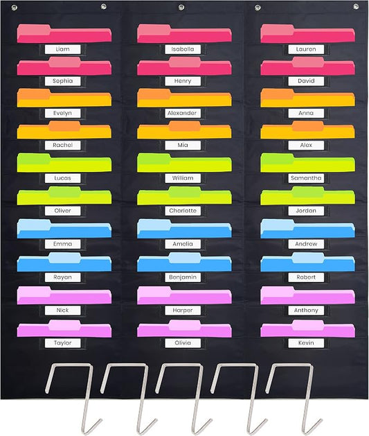 Hippo Creation Heavy Duty Storage Pocket Chart for Classroom, 30 Pocket Storage Organizer with 5 Over-Door Hangers, Hanging Wall Organizer for File Folders, School Mailbox, Home Office Papers - Black