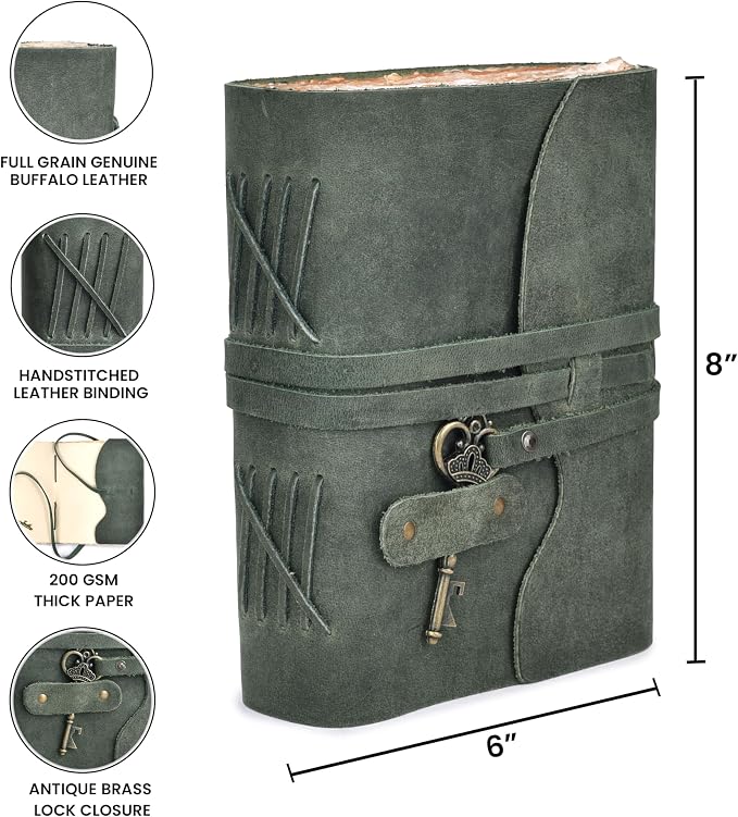 LEATHER VILLAGE Vintage Leather Journal – 200 Handmade Vintage Deckle Edge Paper – Leather bound Journal For Women Men – Vintage Key Closure - Book of Shadows - Aqua - 8X6 inches (A5)