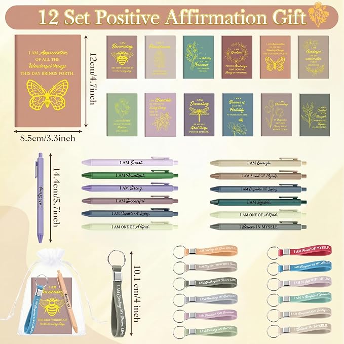 Mooliwe 12 Set Positive Affirmation Gift Set Gratitude Notebooks with Pens Keychains Small Bags Motivational Party Favors for Adult Women Coworkers Employee Group (Morandi)