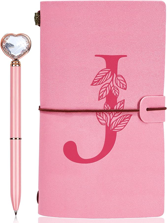 Personalized Journal Gift-Pink Initial Leather Journal+Heart Diamond Pen Set,Travel Notebook Diary Gifts,Refillable Notepads,Christmas,Birthday Gifts for Women Girls (7.9"x4.7") (J)