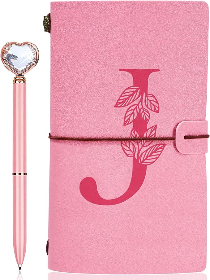 Personalized Journal Gift-Pink Initial Leather Journal+Heart Diamond Pen Set,Travel Notebook Diary Gifts,Refillable Notepads,Christmas,Birthday Gifts for Women Girls (7.9"x4.7") (J)