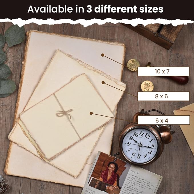 LEATHER VILLAGE Vintage Deckled Edge Watercolor Paper 25 Sheets 4x6 Inches | Handmade cotton rag paper with antique old look, 150 GSM thick for calligraphy, letter writing, invitations and ink art