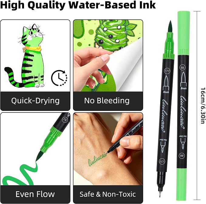 LIULIUCAI 10 Green Dual Markers, Fine & Brush Tip Pen for Adult Coloring | Lush Green Markers, Colored Pens for Landscapes, Leaves, Nature Journals, Botanical Art, Drawing Illustration Lettering