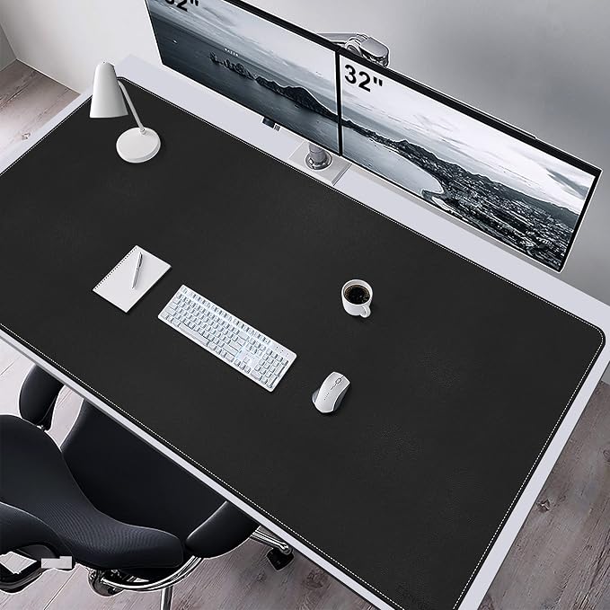 CENNBIE Leather Desk Mat, 63" x 31.4" Large Desk Pad Protector (Black) | Premium stitched edges resist wear. Easy to clean. Protects desk from spills, stains & scratches. Smooth glide. Office & home