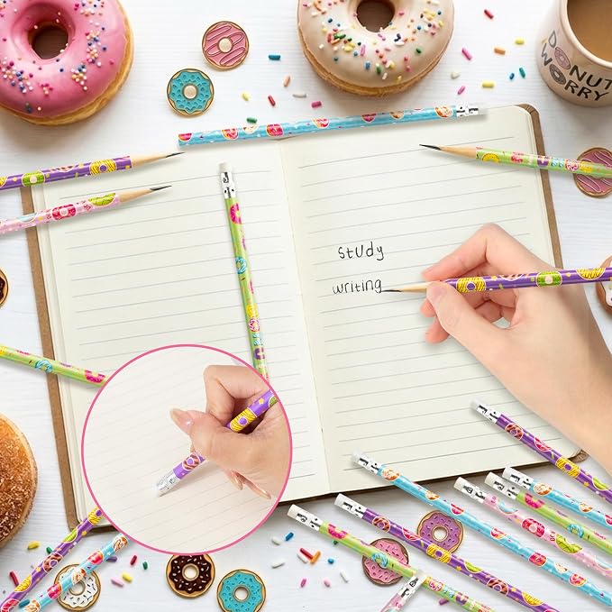 Xqumoi 60Pcs Doughnut Pencils with Erasers - Cute Donut Themed #2 HB Wooden Pencils in Bulk Birthday Party Favors Classroom Student Rewards Goodie Bag Fillers Stuffers Back to School Gift