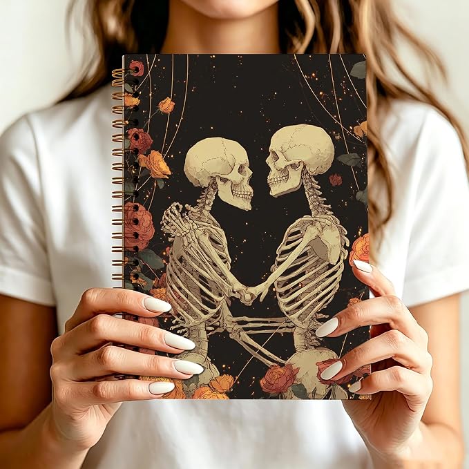 HOXUNQINA Gothic Halloween Couple Skeleton Journal Notebook 5.5x8.3 | Romantic Rose Flower Skeleton Lovers Journal for Women, Dark Academia Gothic Office Supplies Notebooks for Work