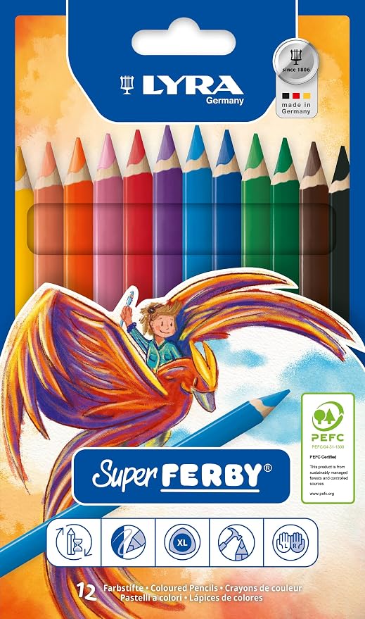 Lyra Super Ferby Giant Triangular Colored Pencil, Lacquered, 6.25mm Lead Core, Set of 12 Pencils, Assorted Colors (3721120)