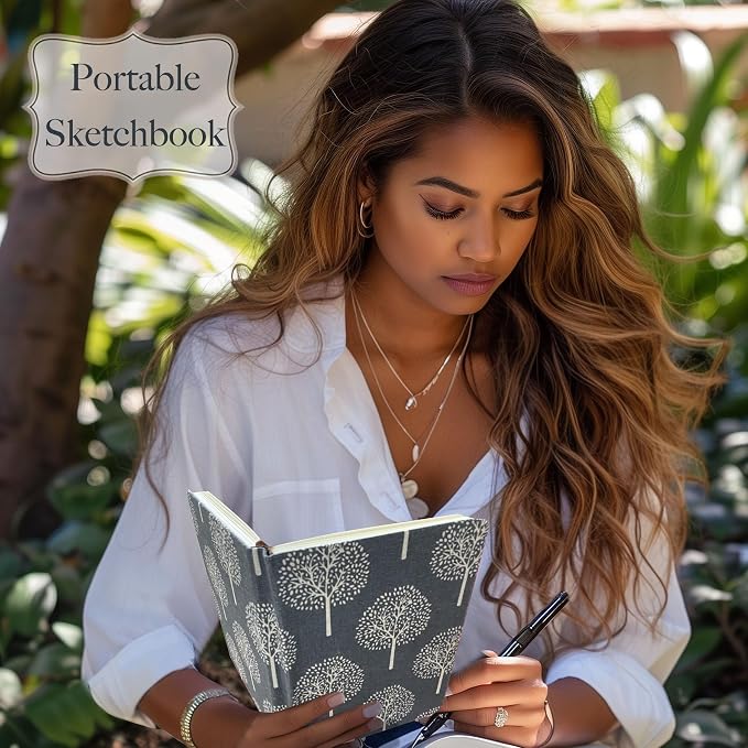 Linen Notebook, Hardcover Cloth Journal, B6, 264 Pages, 5x7 Small Lined Notebook & Sketchbook, Lay Flat, White Tree Navy Blue Fabric, Dirt-proof, Suitable for Outdoor Sketching