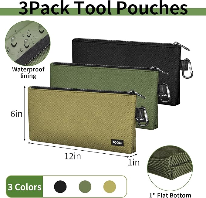 3 Pack Premium Tool Pouches Zipper Bag, Small Tools Bags with Carabiner, Heavy Duty Flat Bottom Utility Multipurpose Storage Organizer Bag for Tool, Stationary, Pencil