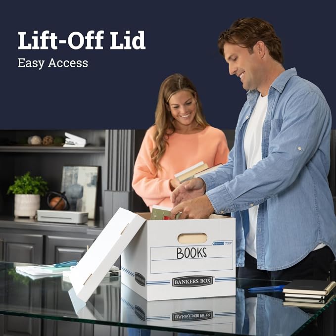 Bankers Box 12-Pack Basic-Duty File Storage Box with Lid, Letter/Legal | Tame everyday paperwork with affordable file boxes, lift-off lids, and reinforced handles for simple record storage.