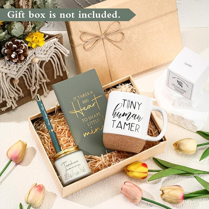 Sayglossy 4 Pcs Tiny Humans Tamer Gift Set Back to School Teacher Appreciation Gift for Preschool Kindergarten Daycare Teacher Thank You Notebook Coffee Mug Cup with Lid Scented Candle Pen