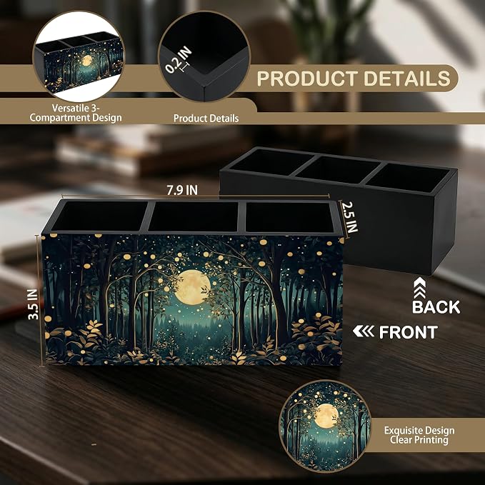 Rustic Night Moon Forest William Morris Inspired Wooden Pencil Pen Holder for Desk Organizers and Accessories, Vintage Nature Botanical Makeup Brush Holder Organizer for Bathroom Vanity