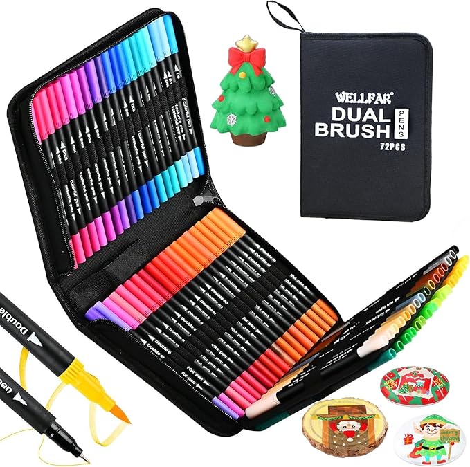 WELLFAR 72 Colors Adult Coloring Book Markers No Bleed – Dual Fine & Brush Tip Art Markers for Teens, Gel Acrylic Paint Pens for Drawing, Painting, Journaling, Calligraphy, Sketching, No Bleeding