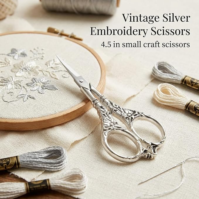 BIHRTC Vintage European Style Scissors Stainless Steel for Cross Stitch Cutting Embroidery Sewing Handcraft Craft Art Work DIY Tool(Silver)