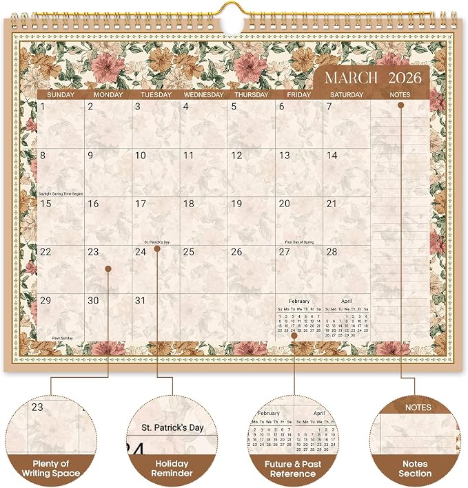 Calendar 2026-2027, Monthly Wall Calendar Runs Until June 2027, 11.5" x 14.8", Spiral Binding Hanging Wall Calendar, Perfect for Home or Office,Floral Borders