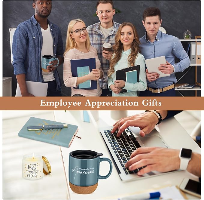 Sayglossy 4 Pcs Thank You Gifts Set for Men Back to School Teacher Appreciation Gift Leather Notebook Inspirational Coffee Mug Scented Candle Ballpoint Pen for Male Employee Coworker Nurse Boss, Blue