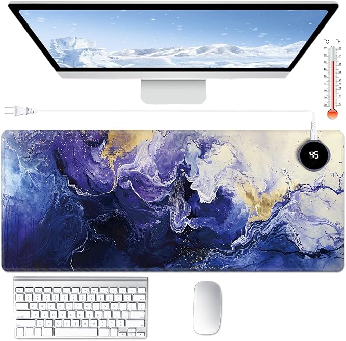Heated Desk Pad Large Mouse Pad 31.5 x 13 inch with 3 Levels Heating & Auto Shut-Off Warm Mouse pad PU Leather Computer Mousepad for Home Office Work - Purple Marble