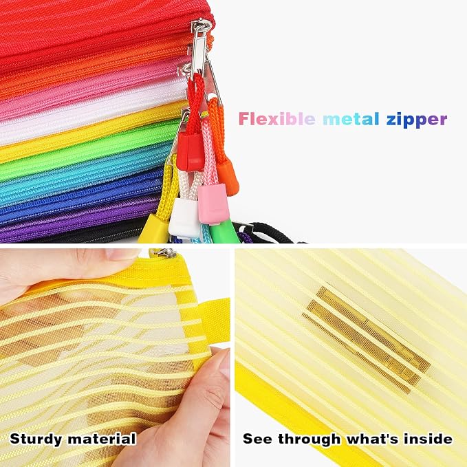 Tamaki 10 Pack Mesh Zipper Pouch Bags, 9'' x 4.7 '', Colorful | Small Pouch Multicolor Pen Bag Multipurpose for Office Supplies Travel Storage Bags