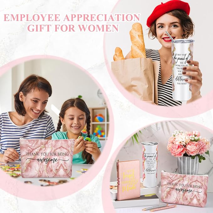 Domensi 6 Pcs Employee Appreciation Gift Set for Women Female Thank You Gift May You Be Proud 20 oz Rustic Marble Sign Tumbler Makeup Bag Journal for Boss Teacher Work Business(Pink)
