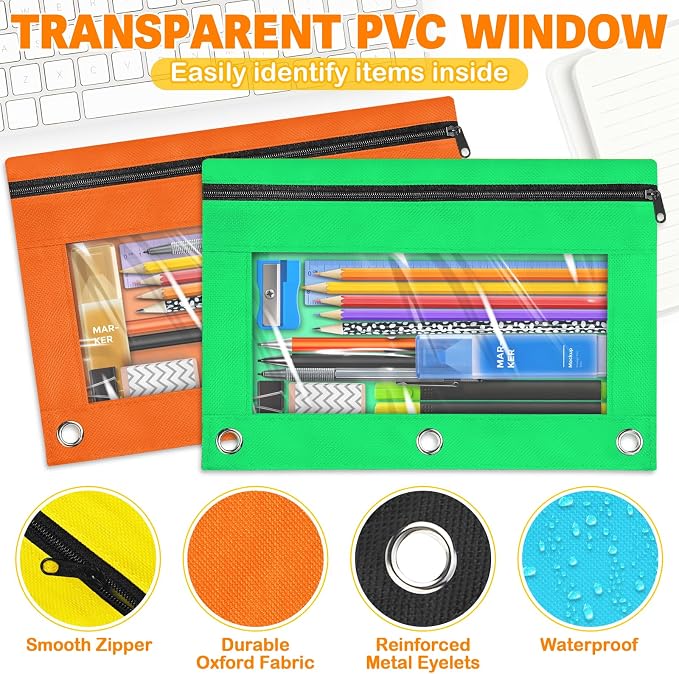 Pencil Pouch for 3 Ring Binder, 100 Packs Zipper Pencil Pouch Bulk in 10 Colors, Pencil Case for Binder with Clear Window for School, Home and Office