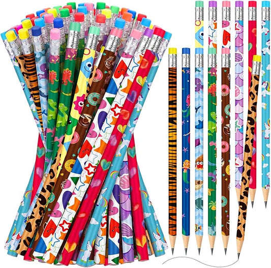 Chinco 100 Pcs Wooden Pencil with Eraser for Kids Colorful Pencils Bulk Writing Fun Assorted Novelty Kids Fun School Supplies for Classroom Gifts Teacher Student School Supplies (Cute Style)