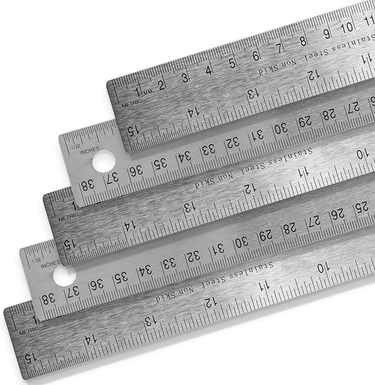 5 Pack | Pacific Arc, Stainless Steel 15 Inch Metal Ruler Non-Slip Cork Back, with Inch and Metric Graduations