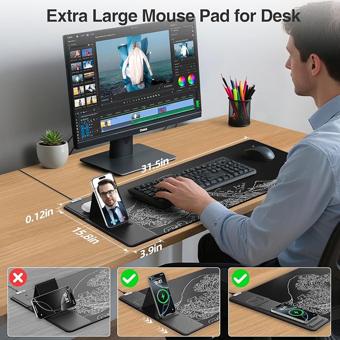 Wireless Charging Mouse Pad with Foldable Phone Holder, Black Wave | 31.5"x15.8" Large Desk Mat for Laptop/Keyboard, Waterproof Ultra-Smooth Surface, Non-Slip Base