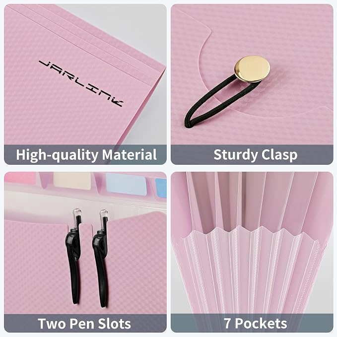 JARLINK 7 Pockets Expanding File Folder, A4 Accordion folders, Blue & Pink | Accordion File Folders with 12 Labels, Portable Document Organizer for Home, College, School, and Office Supplies