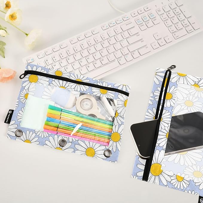 Gredecor Binder Pencil Pouch 3 Ring Pastel Blue Daisy Flowers Zipper Pencil Pouches Case 2 Pack Clear Binder Organizer for School Office