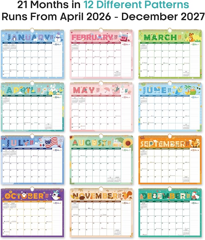 Calendar 2026-2027, Monthly Wall Calendar from April 2026 to December 2027, 11.5" x 14.7", Spiral Binding Hanging Wall Calendar, Perfect for Home or Office, Festival