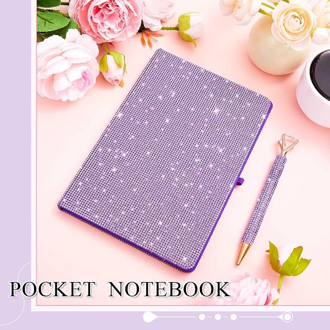 Rhinestone Pen & Glitter Notebook Set, Hard Cover Bling Diary Journal for Girls, Cute School Supplies for Back to School, Sparkly Desk Accessories Gift for Women(Rhinestone,A5,Purple)