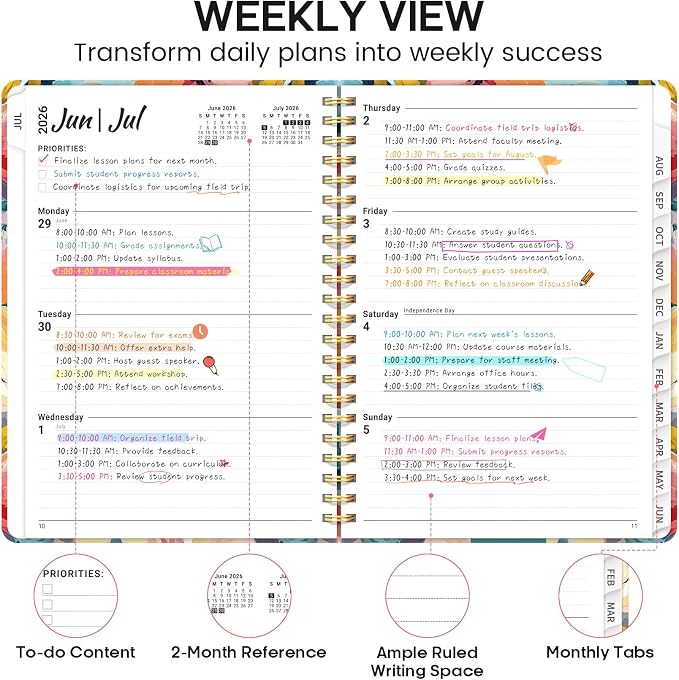 Academic Planner 2026-2027, Weekly and Monthly Calendar Book, July 2026 – June 2027, Hardcover Planner with Tabs, Perfect for Teachers, Students, Women & Men, A5 (6.4" x 8.5") - Pastel Garden
