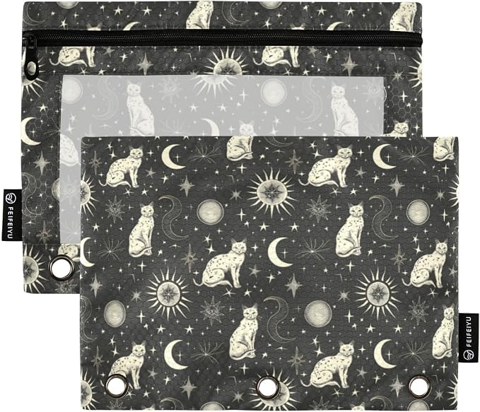 Binder Pencil Pouches, Celestial Cat Pencil Case with Clear Window 3 Rings Pen Case Holder Office Supplies