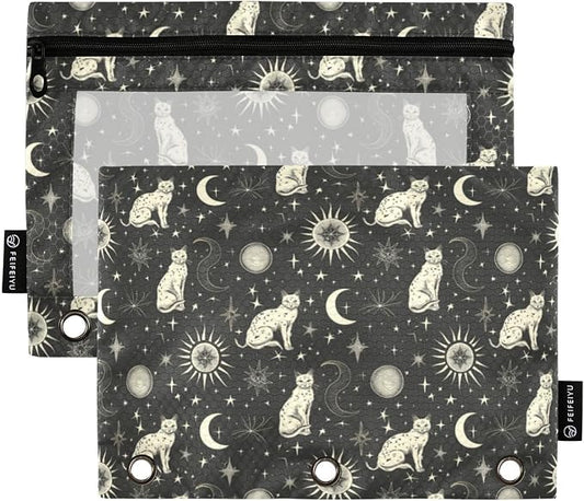 Binder Pencil Pouches, Celestial Cat Pencil Case with Clear Window 3 Rings Pen Case Holder Office Supplies