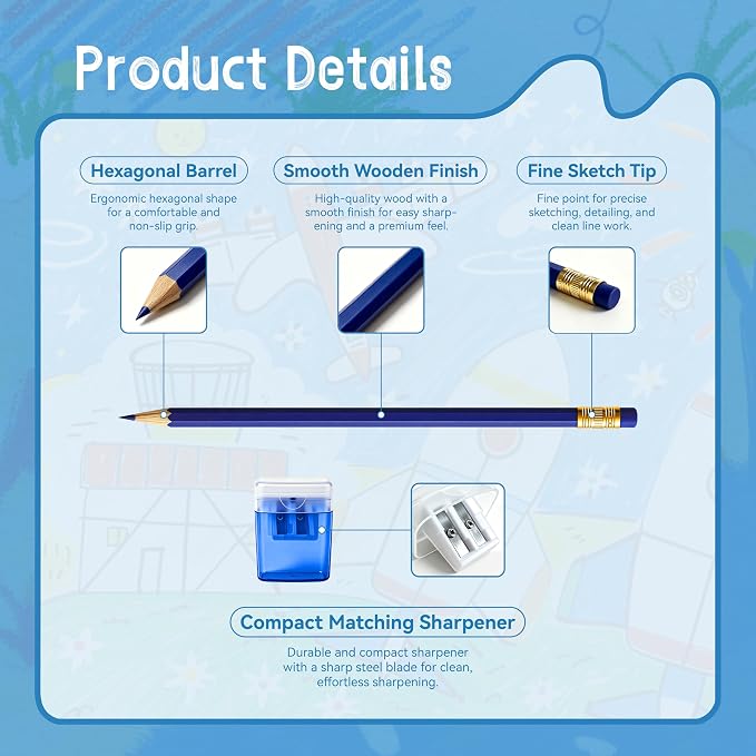 12 Pcs Blue Pencils with Eraser for Kids HB Erasable Pencils Pre-Sharpened Professional Wooden Pencils Set with Smooth Lead Cores, Ideal for School Drawing, Sketching, Coloring and Creative Projects