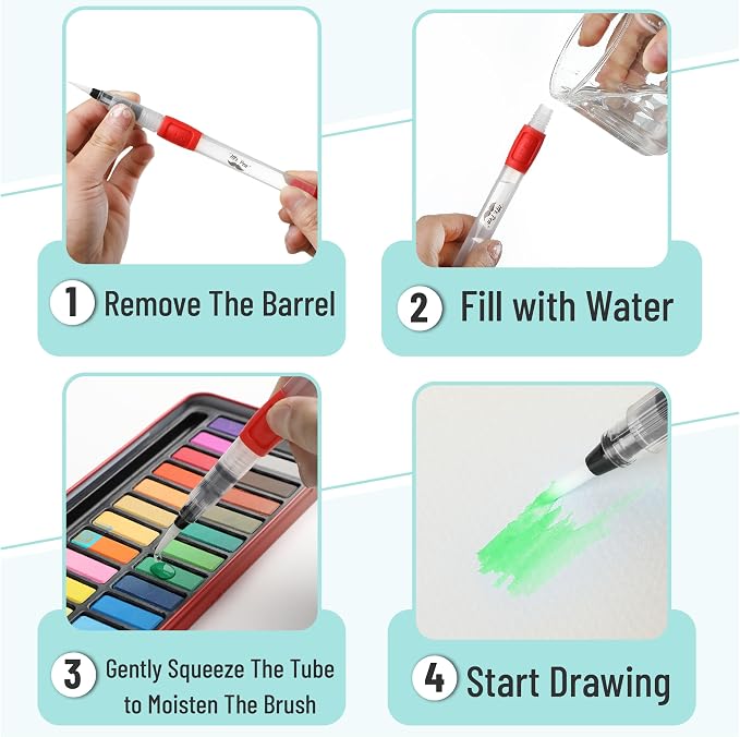 Mr. Pen- Watercolor Brush Pens, 6 pcs | 3 x Point Tips and 3 x Flat Tips Styles, Nylon Bristles, Refillable Watercolor Pens for Acrylic, Gouache, Crayons