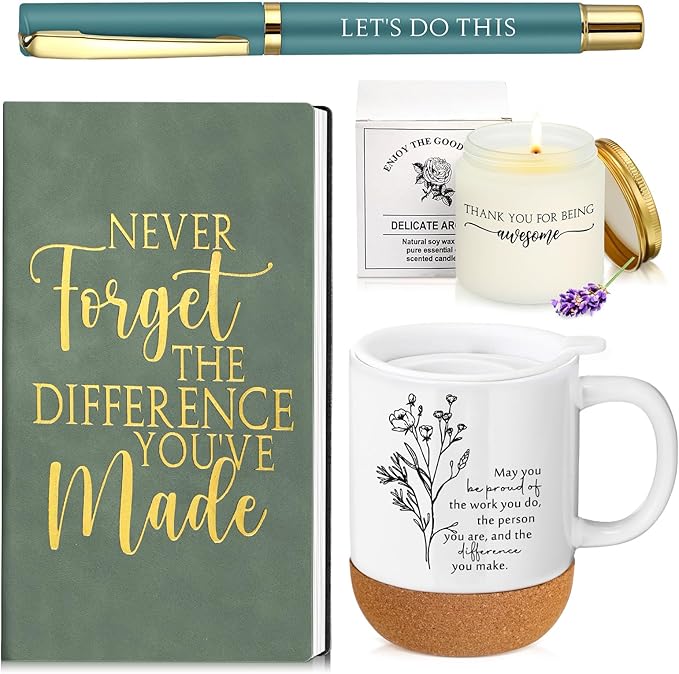 Sayglossy 4 Pcs Inspirational Thank You Gifts Set for Employee Back to School Teacher Never Forget The Difference You Made Notebook Coffee Mug Candle Ballpoint Pen for Team Coworker Volunteer Mom