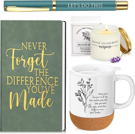 Sayglossy 4 Pcs Inspirational Thank You Gifts Set for Employee Back to School Teacher Never Forget The Difference You Made Notebook Coffee Mug Candle Ballpoint Pen for Team Coworker Volunteer Mom
