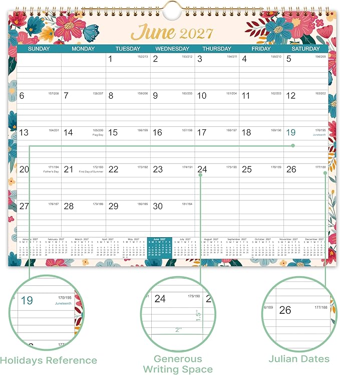 Calendar 2026-2027 - Wall Calendar 2026-2027, Jul.2026 - Dec.2027, 26-27 Wall Calendar 18 Month, 15" x 11.5", Twin-Wire Binding, Julian Dates, Large Block, Notes, To-do List, Thick Paper, Perfect for Organizing - Floral