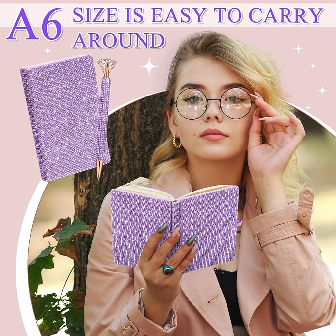 Rhinestone Pen & Glitter Notebook Set, Hard Cover Bling Diary Journal for Girls, Cute School Supplies for Back to School, Sparkly Desk Accessories Gift for Women(Rhinestone,A6,Purple)