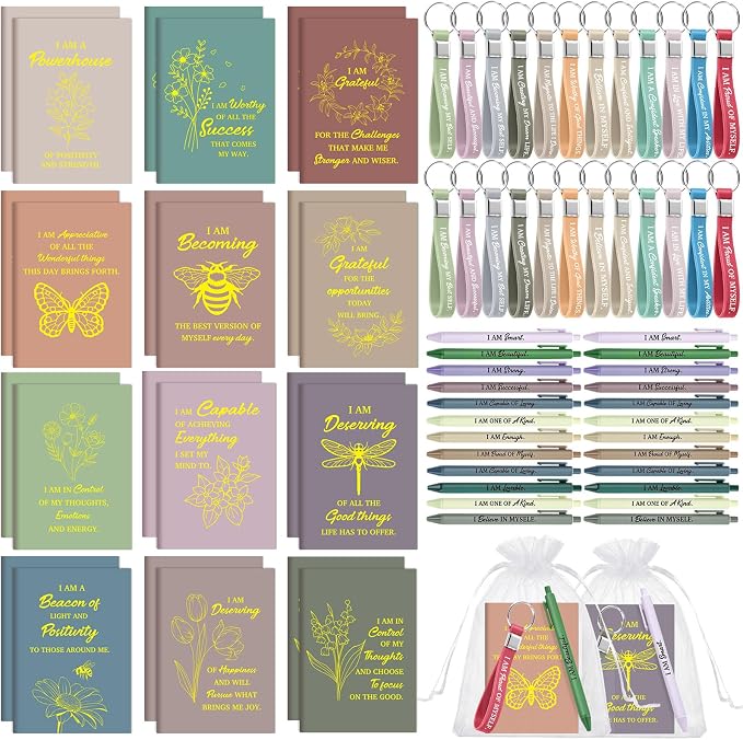 Mooliwe 12 Set Positive Affirmation Gift Set Gratitude Notebooks with Pens Keychains Small Bags Motivational Party Favors for Adult Women Coworkers Employee Group (Morandi)