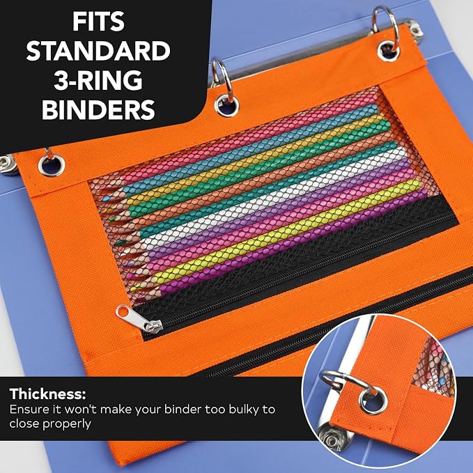 3 Ring Pencil Pouch for Binder, 2-Pocket Zipper Pencil Case with Clear Window & Mesh Pocket, Heavy Duty 600D Oxford Fabric Binder Pouch for School Office Supplies, Fits Standard 3-Ring Binders, Orange