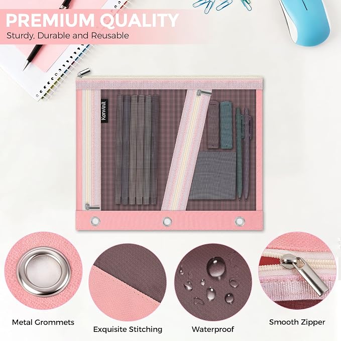 KONVINIT Pencil Pouch for 3 Ring Binder, Pink Zipper Binder Pencil Pouch | Zipper Pencil Pouches, Durable Cloth Pencil Case With 3 Pockets, Mesh Window Pencil Bag With Supplies, Cables, Makeup
