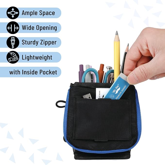 Mr. Pen- Standing Pencil Case Pouch, Sit & Lay Mesh-View Design | Black with Blue Zipper, Interior Pocket & 2 Elastic Binder Loops, Cute Pencil Case for Girls and Boys