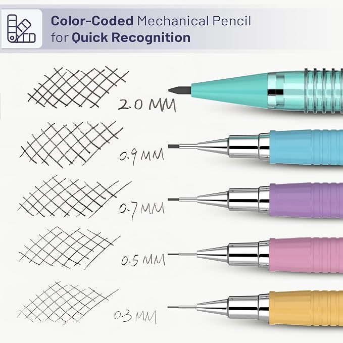 Mr. Pen- Pastel Mechanical Pencil Set, 5 Mechanical Pencils (0.3, 0.5, 0.7 | 0.9, 2.0mm), 5 HB Lead Refills & 10 Eraser Refills, Precision Drawing Pencils for Sketching, Writing & Artwork