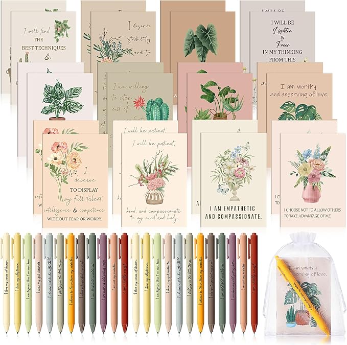 Mooliwe 48 Pcs Positive Affirmation Gift Set Gratitude Notebooks with Pens Small Bags Motivational Encouragement Notepads Daily Affirmations Journal for Women Stress Relief Self Care (Flower)